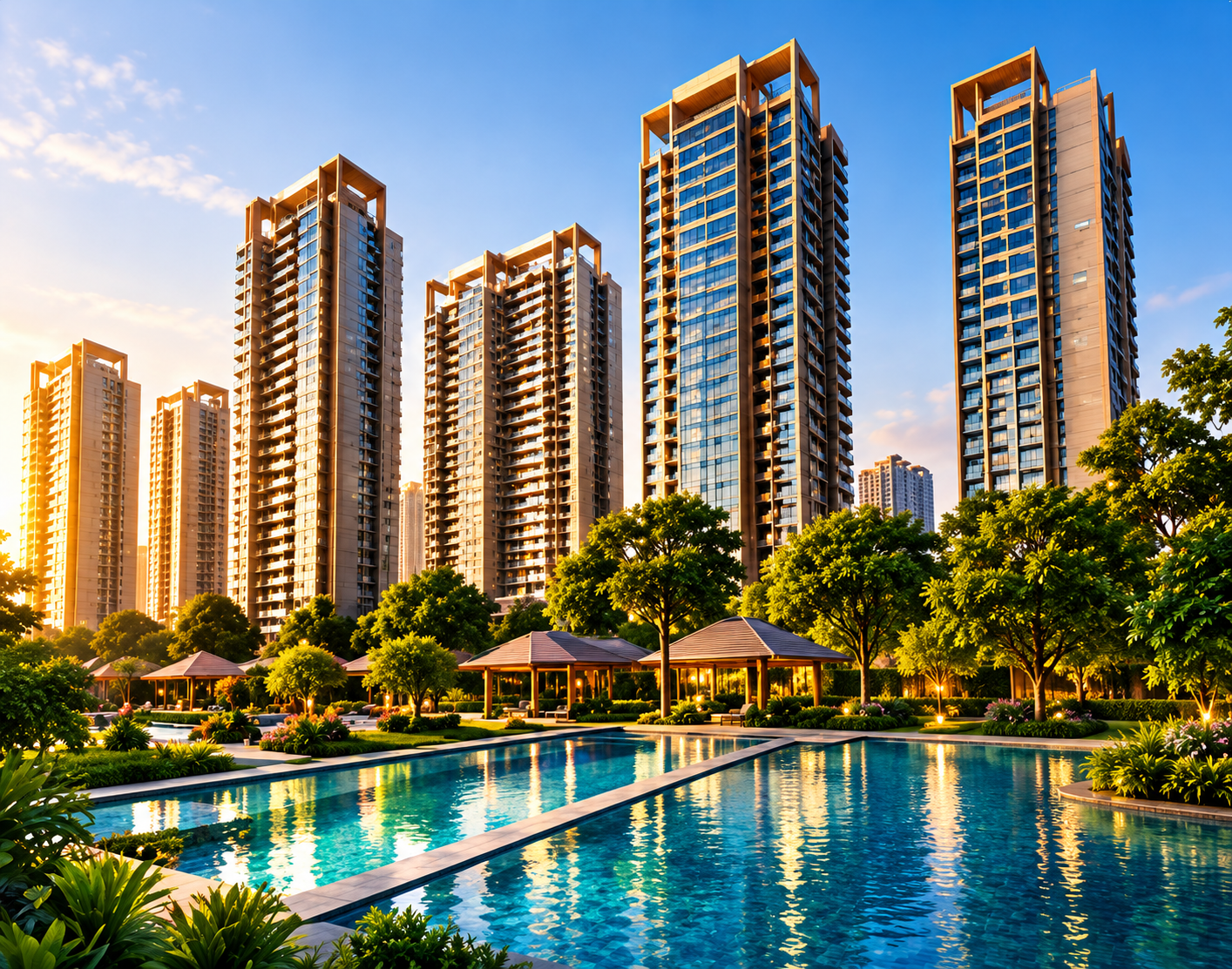 Modern residential towers and landscaped community